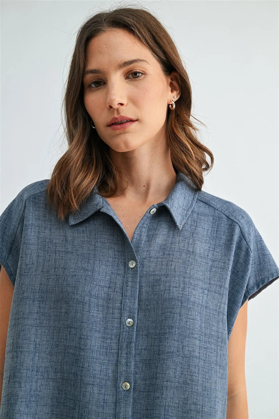 Blue linen dolman sleeve button down shirt with collar and short sleeves for casual and formal wear