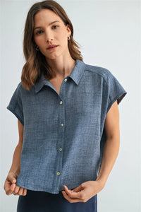 Blue linen dolman sleeve button down shirt with collar and subtle texture for casual and formal wear