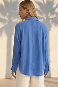 Perfect airy button down shirt, blue long-sleeved with ribbed texture