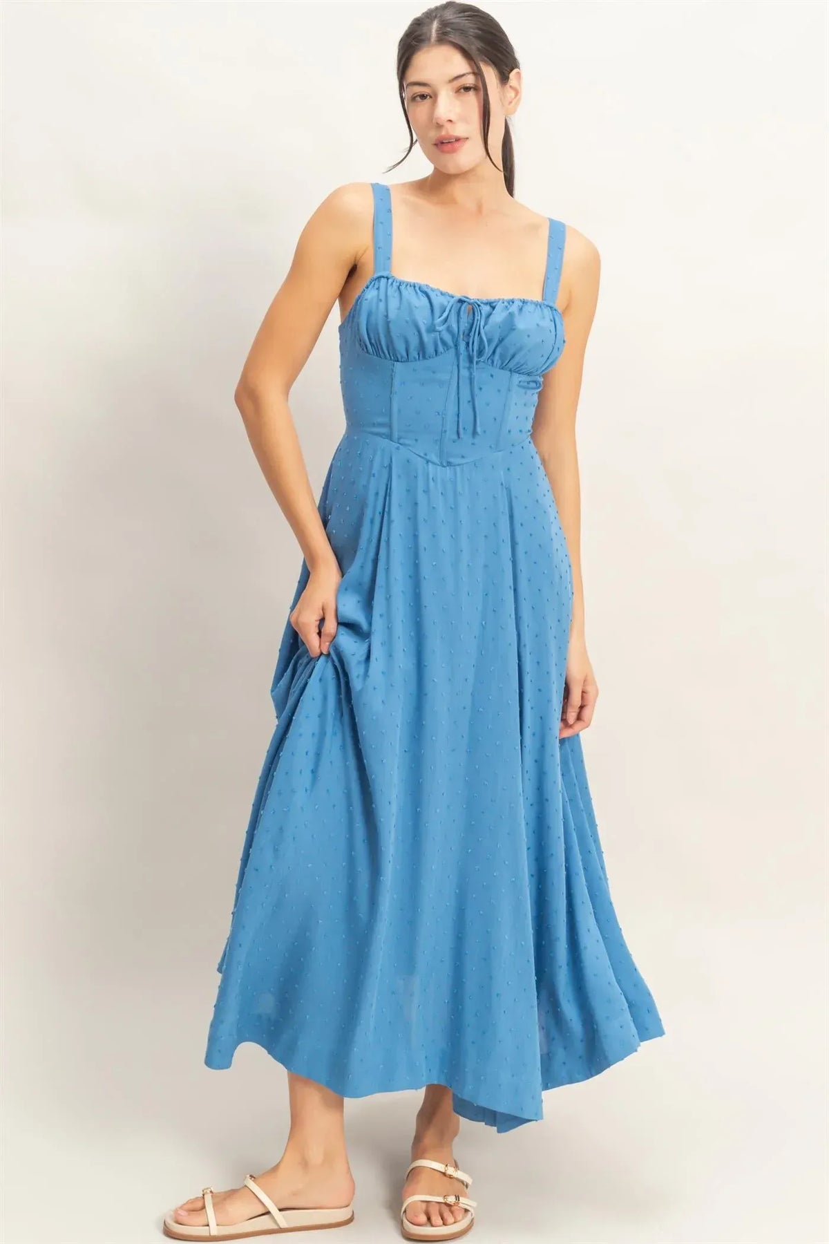 Boned tie back maxi dress in flowing blue with eyelet detailing