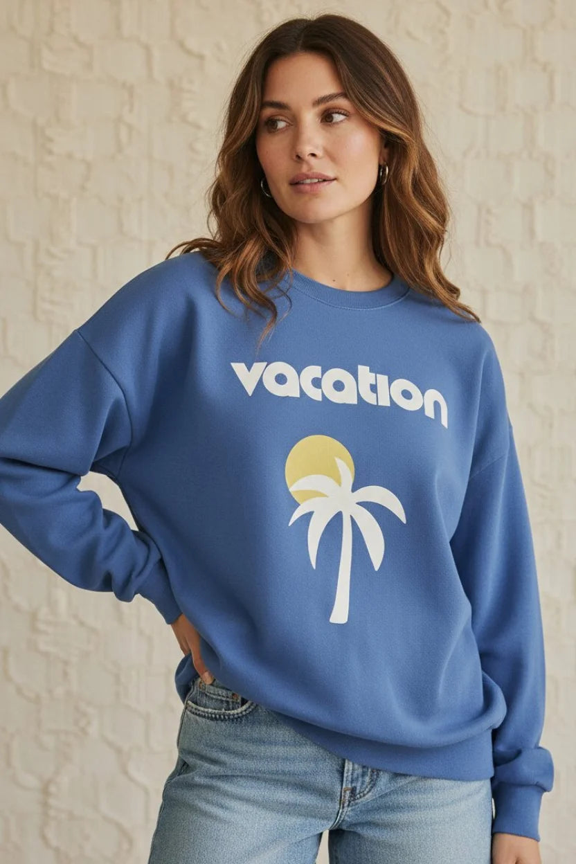 Blue vacay sunday sweatshirt with vacation sun and palm tree print
