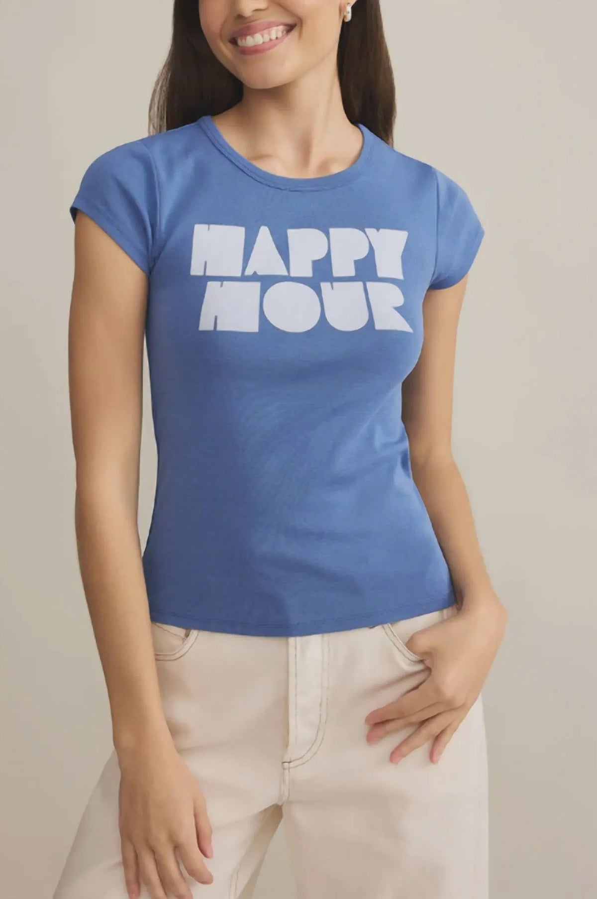 Blue short-sleeved happy hour fitted graphic tee with bold white happy hour print across the chest