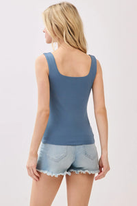 Blue sleeveless double layer square neck basic tank top with fitted silhouette and square neckline design