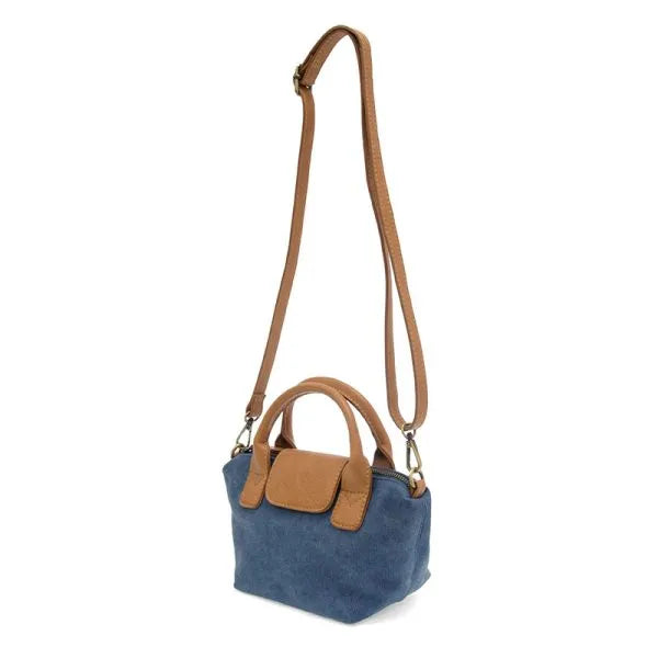 Abilene canvas mini blue suede crossbody with tan leather handles and shoulder strap mini tote crossbody bag