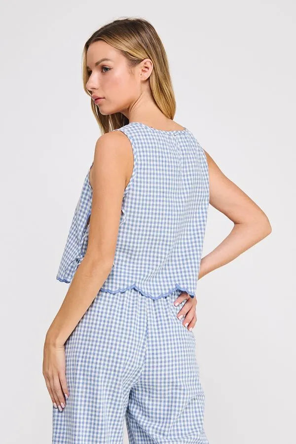 Blue and white gingham cotton blend sleeveless top with scalloped hemline and cotton blend tie sides
