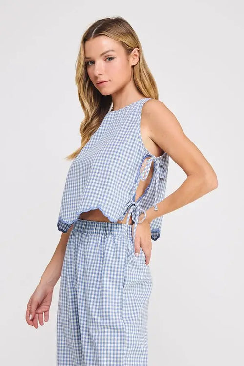 Blue and white gingham cotton blend sleeveless cropped top with cotton blend tie sides for stylish summer wear