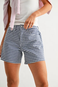 High rise gingham denim shorts in blue and white check pattern