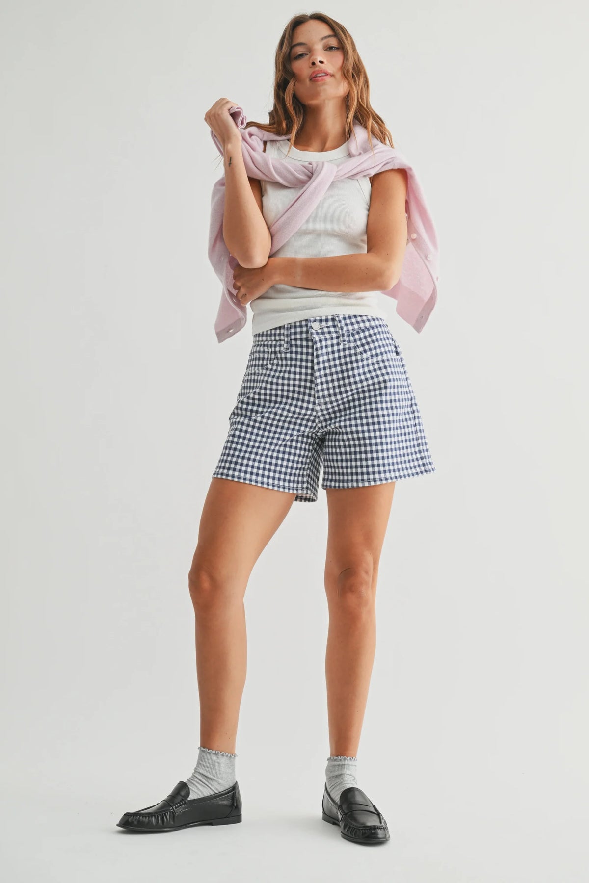 High rise gingham denim shorts in blue and white gingham