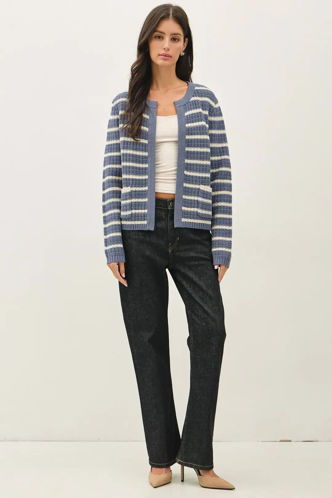 Blue and white chunky knit striped open cardigan with rounded neckline in a breathable knit striped fabric