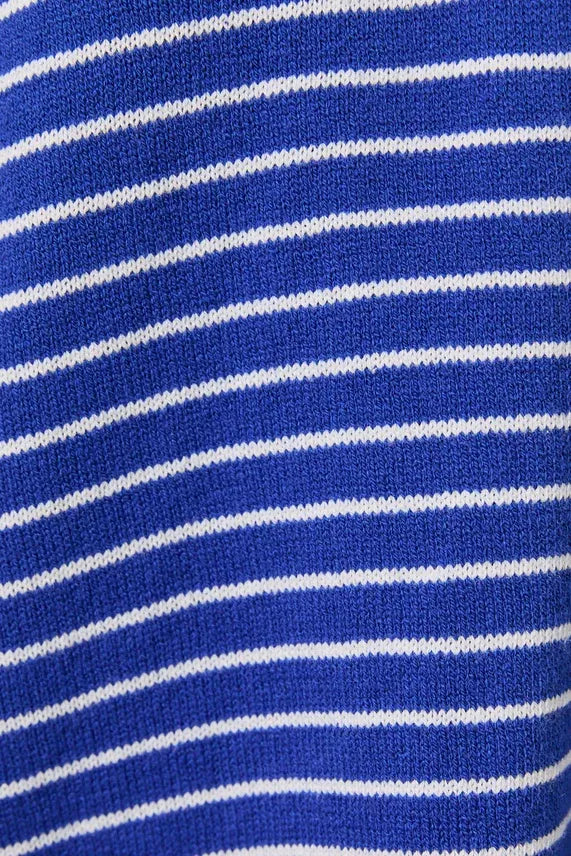 Blue and white horizontally striped knit fabric of a long sleeve crew neck stripe sweater with crew neck design
