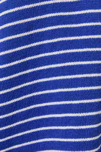 Blue and white horizontally striped knit fabric of a long sleeve crew neck stripe sweater with crew neck design