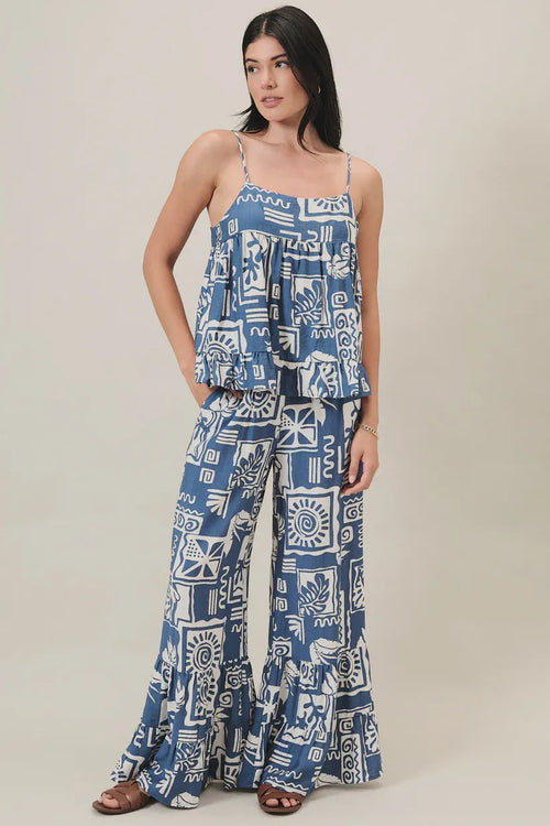 Blue and white abstract printed two-piece loungewear set with ruffle pants featuring boho chic details for women