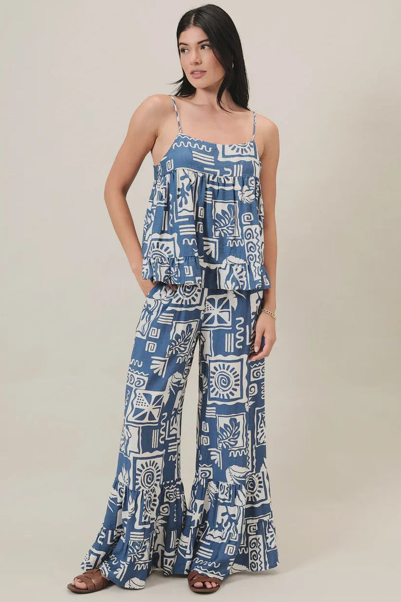 Blue and white abstract printed two-piece loungewear set with ruffle pants featuring boho chic details for women