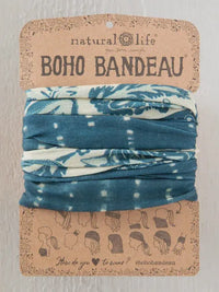 Blue and white patterned boho bandeau headband featuring shibori stripe indigo design from natural life