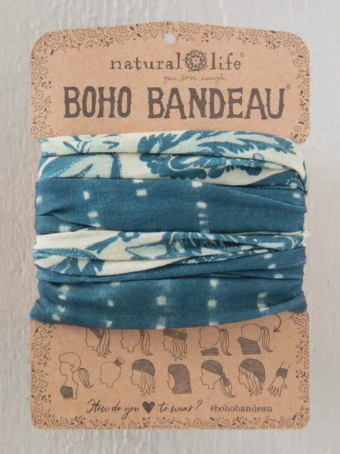 Blue and white patterned boho bandeau headband featuring shibori stripe indigo design from natural life