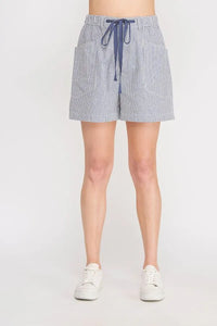 Blue and white striped twill short with tie front and drawstring waistband made of cotton for casual wear