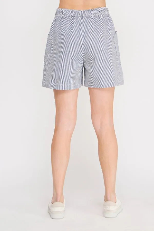 Blue and white striped twill short with elastic waistband and front tie detail in cotton fabric