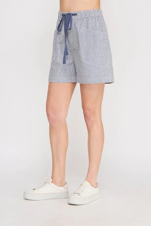 Contrast front tie striped twill short in blue and white with a drawstring waistband and striped twill short design