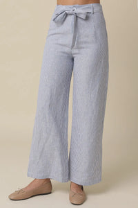 Malia striped tie waist pants featuring blue and white vertical stripes with a matching tie waist belt
