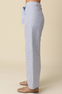 Blue and white malia striped tie waist pants with wide-leg design and matching fabric tie at the waist