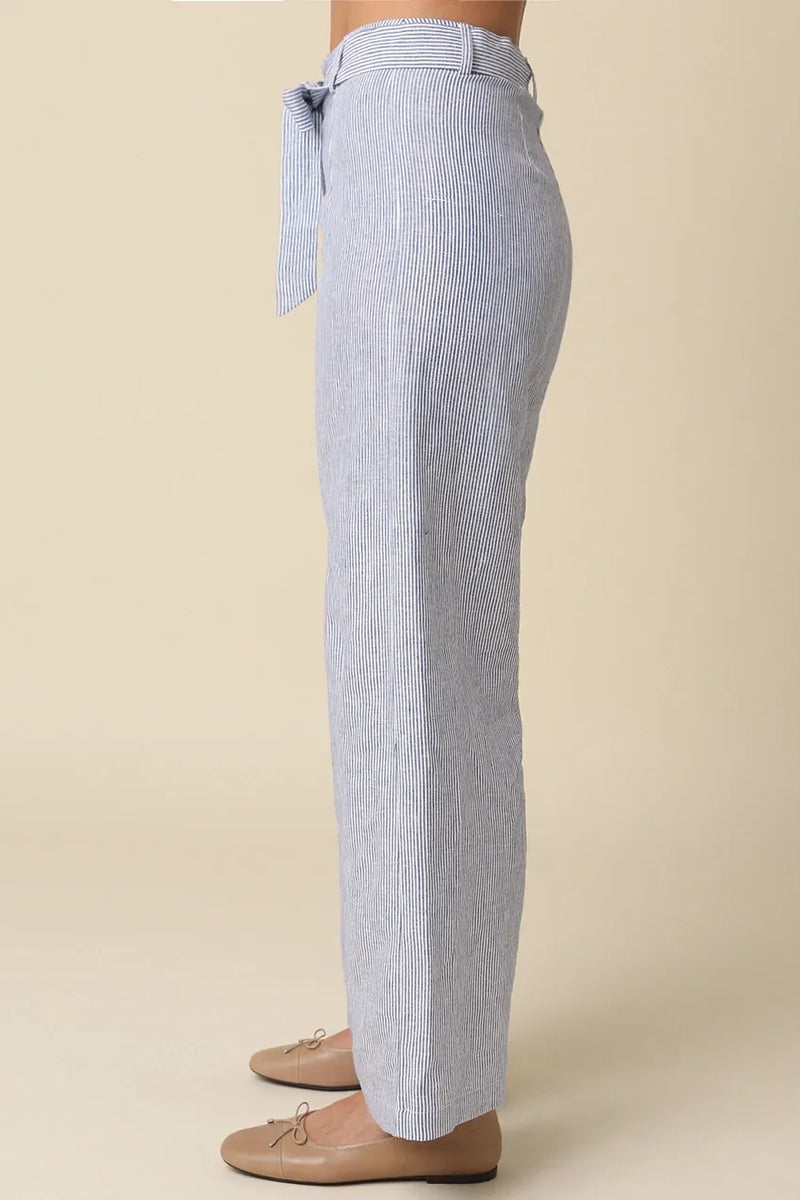 Blue and white malia striped tie waist pants with wide-leg design and matching fabric tie at the waist