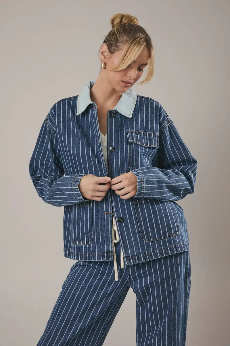 Stripe oversized collar denim jacket in blue and white vertical stripes