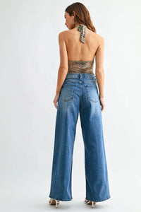 High rise full length loose straight denim jeans in blue with faded wash and classic five-pocket design