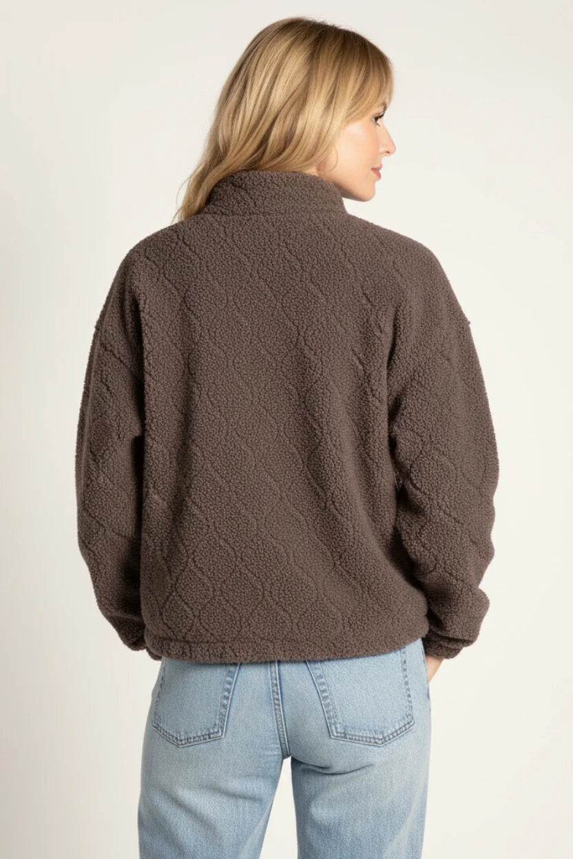 Brown cable-knit Thread & Supply Cozy Half Zip Pullover jacket