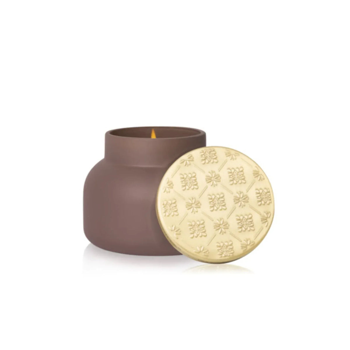 Brown ceramic capri blue artisan terrazza velluto candle jar with embossed floral gold-toned lid, 19 oz signature candle