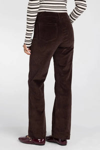 Brown corduroy high waist flare pants with multiple pockets shown from the back in thread and supply gladys pants