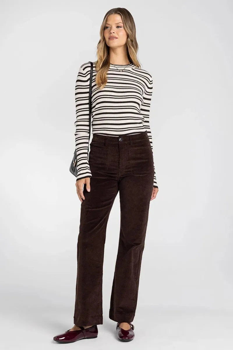 Brown corduroy flare supply gladys pants featuring multiple pockets for stylish and functional wear