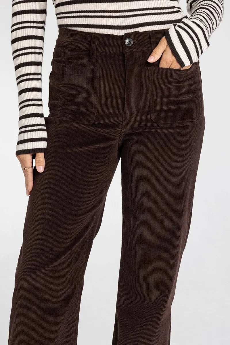 Brown corduroy supply gladys pants with high-rise fit, button closure, and multiple front pockets