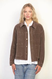 Brown garment washed corduroy chore jacket with button closures and two front pockets in washed corduroy material