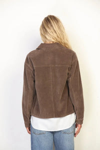 Brown garment washed corduroy chore jacket with classic collar and buttoned front in durable washed corduroy fabric