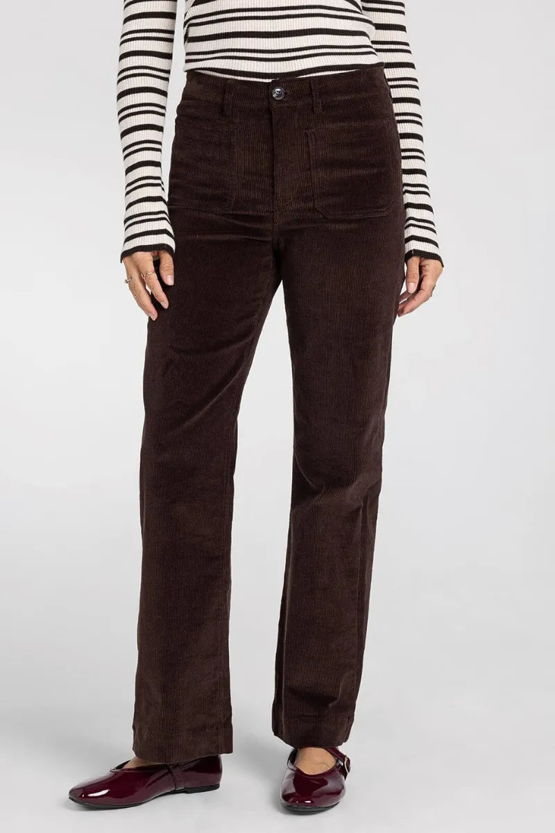 Brown corduroy supply gladys pants with straight-leg cut and classic multiple pockets in front