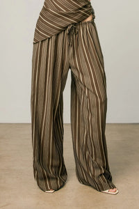 Brown and cream vertically striped stripe pull drawstring pants with wide-leg fit for women’s boho chic clothing