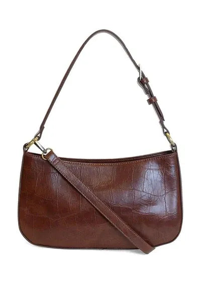 Brown erin faux croc hobo shoulder crossbody bag with detachable strap and gold tone hardware in croc textured leather