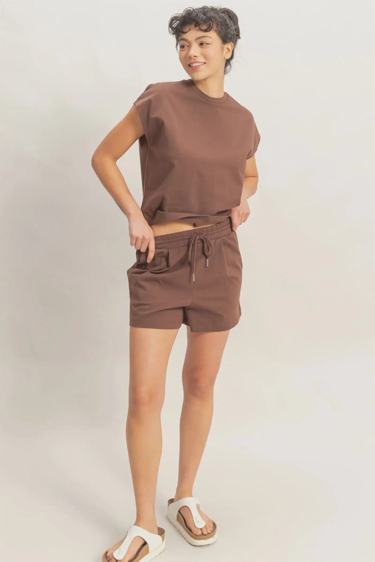 Brown elastic tie waist short with cropped t-shirt and drawstring shorts