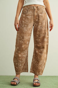 Brown denim paisley print washed pants with subtle lighter brown paisley pattern for casual wear