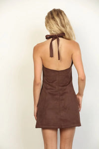 Brown suede halter neck mini dress with tied-back necktie and subtle front seam detailing for stylish wear