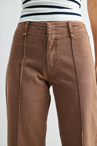 Brown mid rise twill wide leg trouser pant denim with straight-leg cut and visible stitching details
