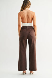 Brown high-waisted wide leg denim jeans with patch pockets featuring the sailor pocket design