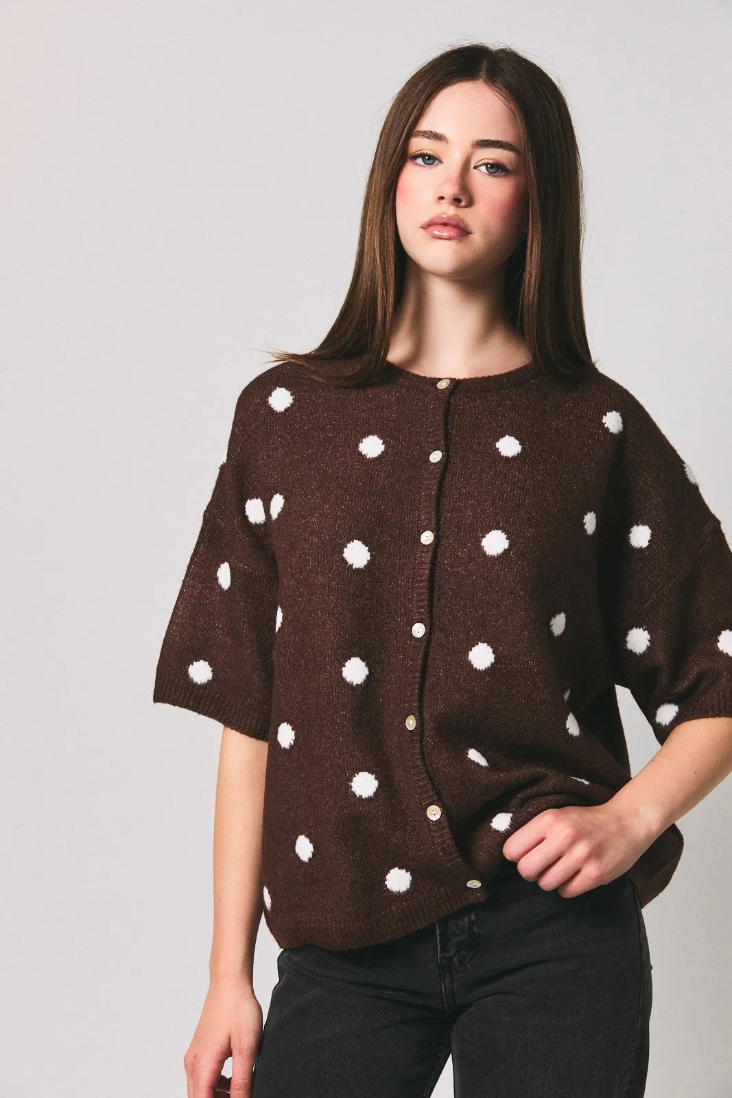 Brown knit crew neck polka dot sweater cardigan with button closure perfect for casual layering