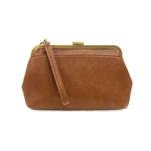 Brown leather vivie kisslock convertible clutch with gold-toned frame and wrist strap convertible crossbody wristlet