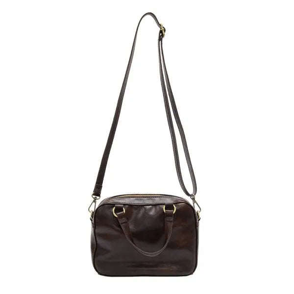 Brown leather regina mini satchel crossbody with gold-tone hardware and detachable shoulder strap for versatile use