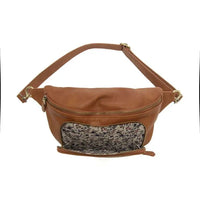 Brown leather rory organizer sling belt bag with floral interior lining and gold-tone zippers for stylish storage