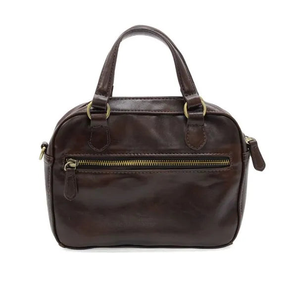 Brown leather regina mini satchel crossbody with gold-tone zippers and handles for stylish everyday use