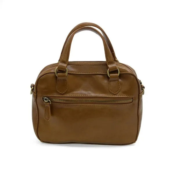 Brown leather regina mini satchel crossbody with top handles and front zipper pocket for versatile use
