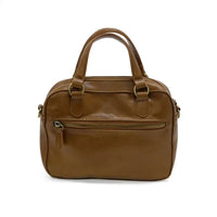 Brown leather regina mini satchel crossbody with top handles and front zipper pocket for versatile use