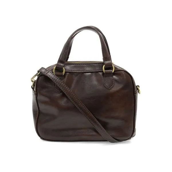 Brown leather regina mini satchel crossbody with gold-tone hardware and detachable shoulder strap for versatile use